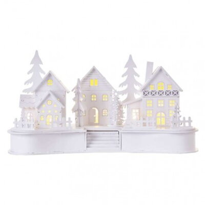 LED dekorácia drevená biela – dedinka, 16 cm, 2x AA, vnútorná, teplá biela, časovač