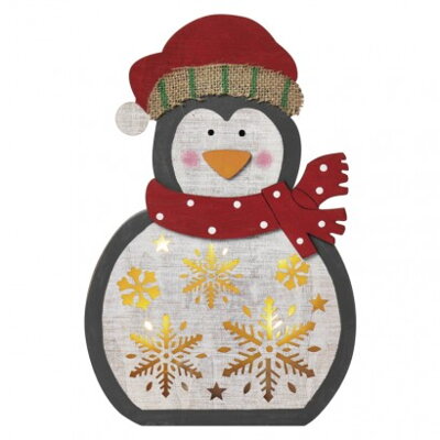EMOS Lighting LED vianočný tučniak drevený, 30cm, 2× AAA, teplá b., čas.