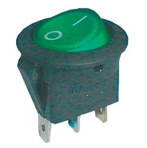 Prepínač kolískový okrúhly pros.  2pol./3pin  ON-OFF 16A/12VDC zelený